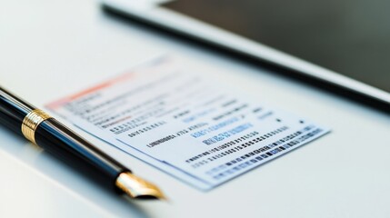 Lottery prize ticket on a clean desk with a tablet and an elegant fountain pen. Featuring success and ambition