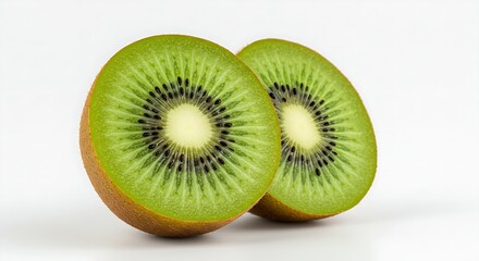 A kiwi fruit sliced in half, displaying its vibrant green color and tiny black seeds on a white background