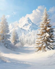 Winter wonderland majestic snow-capped mountains serene forests digital artwork tranquil landscape aerial view nature's beauty