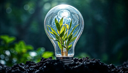 Light Bulb with Green Plants Growing Inside – Sustainable Energy & Eco Innovation in Nature