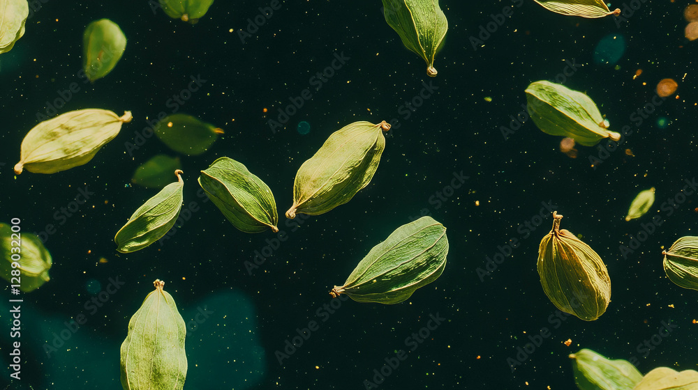 Poster floating cardamom pods on green background for culinary and botanical design