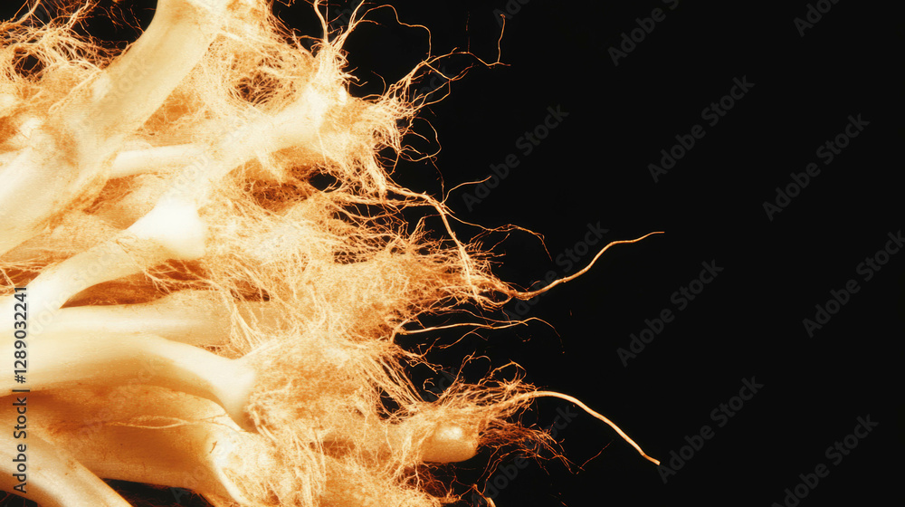 Poster abstract concept of floating celeriac roots against black background in beige tones