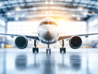 Fototapeta premium Aircraft positioned in a well-lit hangar, showcasing modern design and engineering.