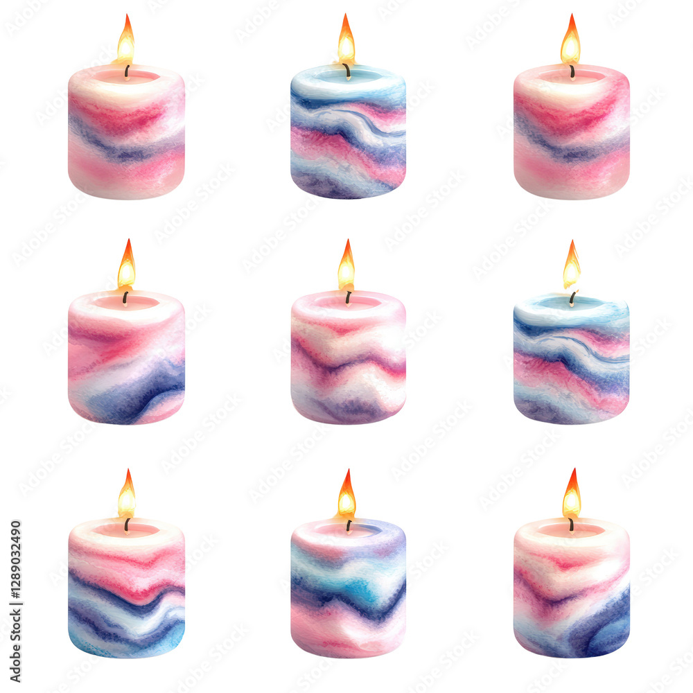 Poster set of 6 watercolor candles in various colors displayed on a white background for decorative purpose