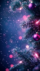 A dreamy, sparkling cartoon fairy Christmas illustration with a purple background and floating glitter light particles. A New Year postcard decoration and Xmas design