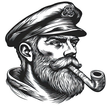 recommend clip art: Hand drawn sketch of a bearded sailor wearing a captain hat and smoking a pipe in vintage style