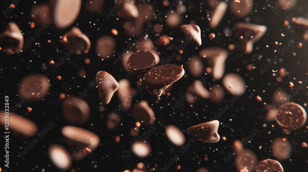 Poster background of floating chocolate chips and dark brown particles for confectionery design