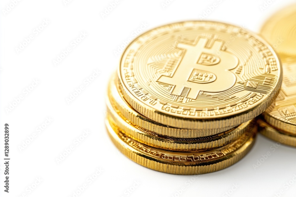 Poster golden bitcoin coins stacked on top of each other, ideal for financial and technology-related concep