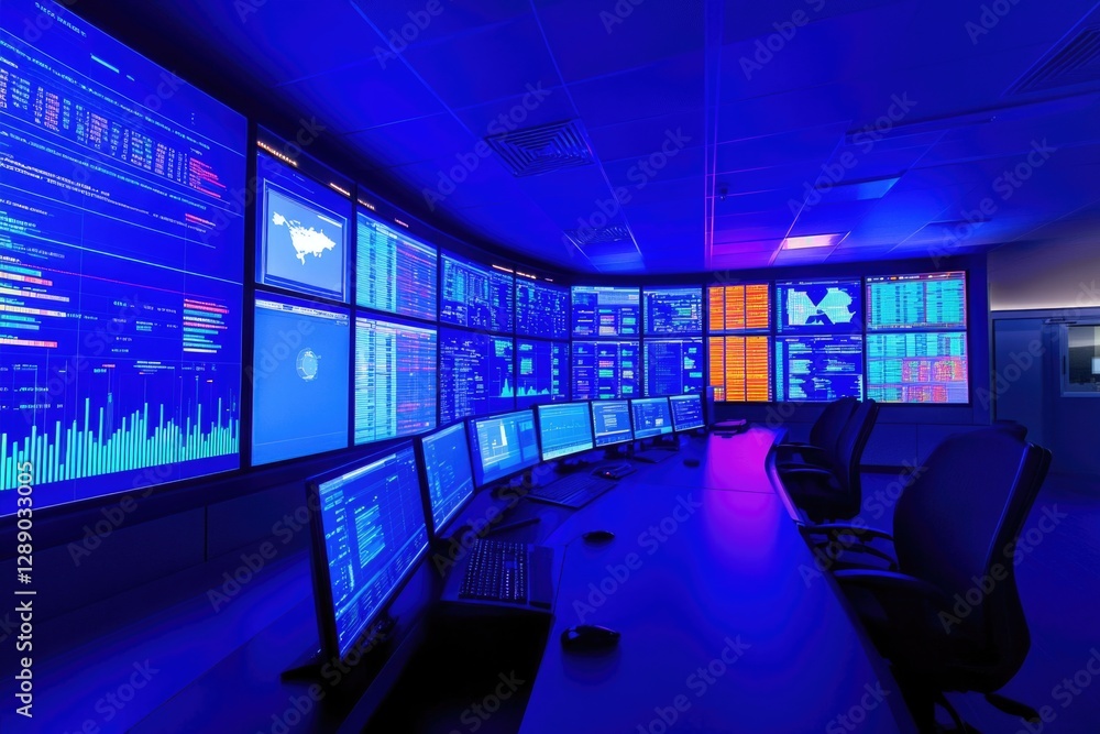 Fototapete a room with multiple monitors and computers for productive work
