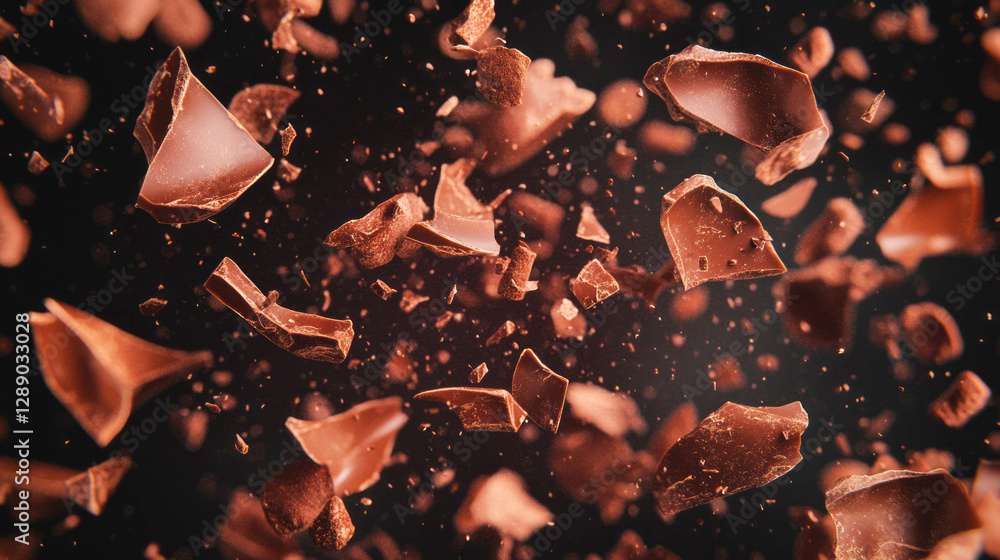 Poster rich dark chocolate shavings floating against a dynamic background for dessert designs