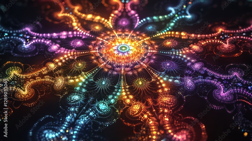 Poster vibrant fractal design with intricate glowing patterns.