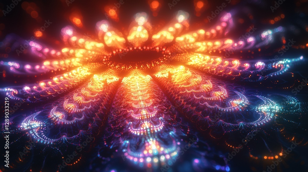 Poster abstract colorful fractal design with radiant light patterns.