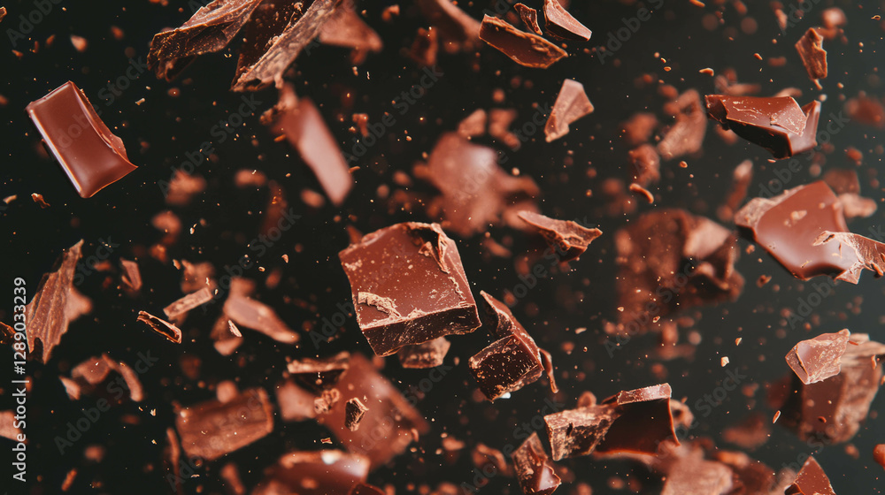 Poster floating chocolate shavings and dark chunks on gradient background - perfect for dessert designs