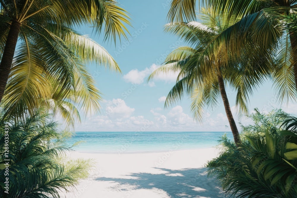 Poster A serene ocean view with palm trees in the foreground