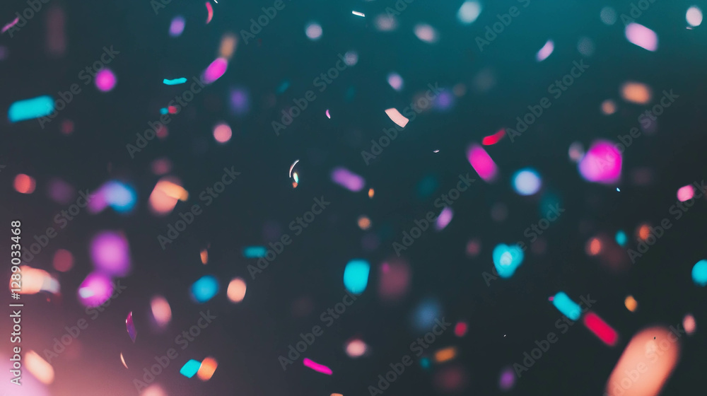 Poster celebration with colorful floating confetti on blurred motion background