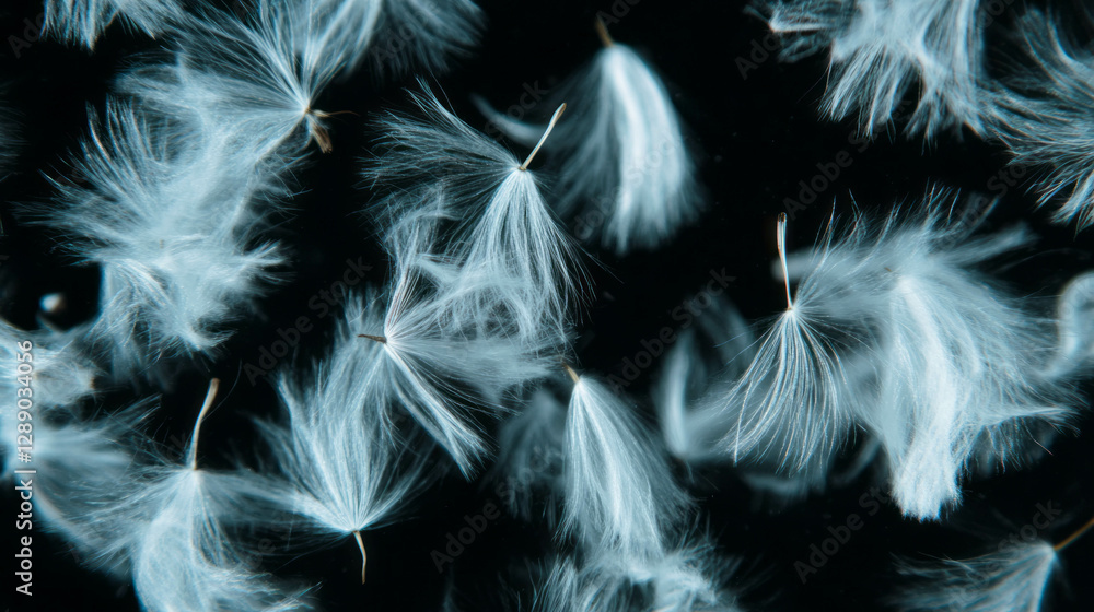 Poster serenity and beauty of floating dandelion seeds on black background