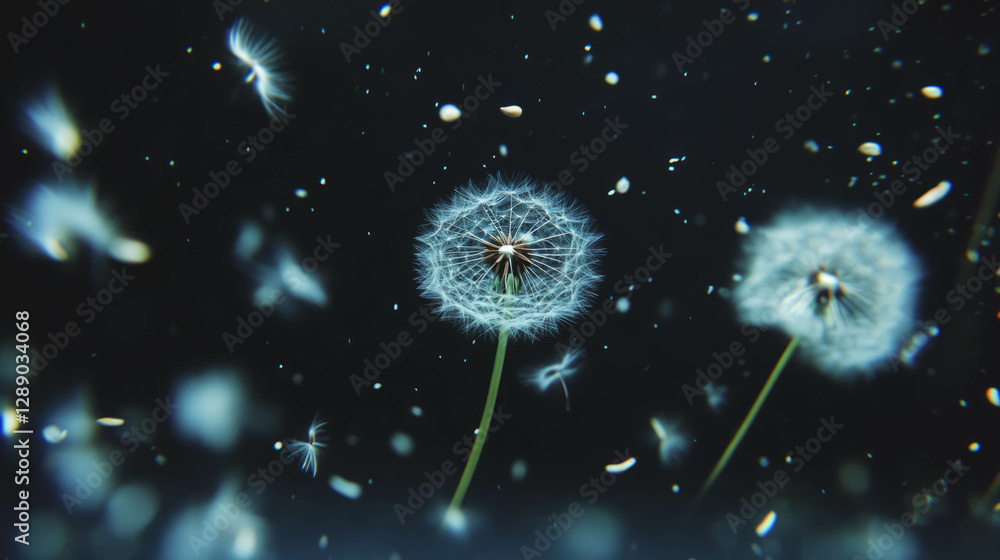 Poster tranquil background of floating dandelion seeds in ethereal atmosphere