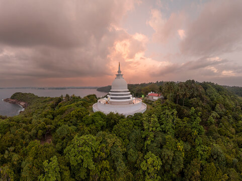 Japanese Peace Pagoda In Rumassala, Sri Lanka. The Japanese Peace Pagoda Near Unawatuna Is A Beautiful Shrine With Amazing Views Across Indian Ocean And Galle Dutch Fort.
