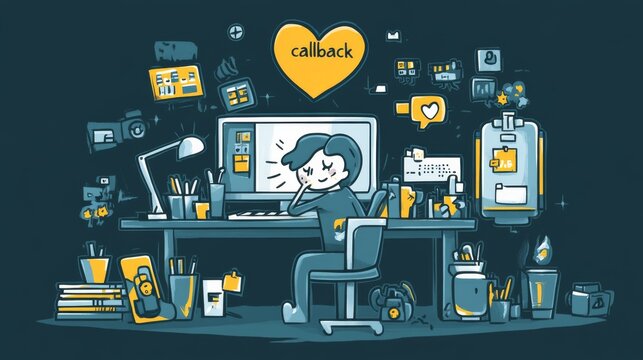 An image of a JavaScript developer sitting at a computer, with a broken heart floating above their head. They are surrounded by various tools and a giant phone with a "callback" button on it.