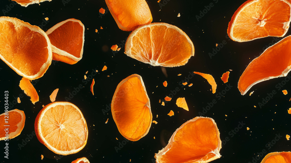 Poster vibrant display of floating dried orange peels against dark background for aromatherapy design