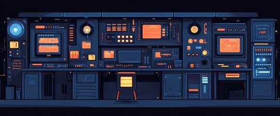 A modern, cartoon-style illustration of a spaceship interior, complete with a large constructor and various elements for a space laboratory design
