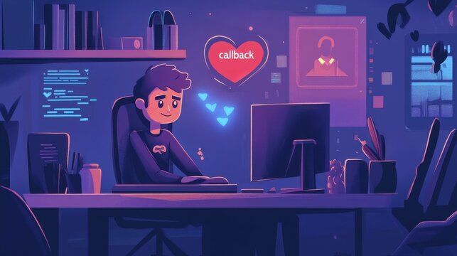 An image of a JavaScript developer sitting at a computer, with a broken heart floating above their head. They are surrounded by various tools and a giant phone with a "callback" button on it.