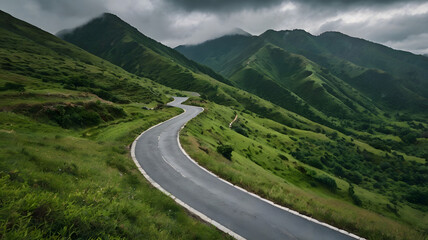  beautiful road in green mountains with clouds