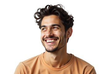 Handsome young man portrait with joyful smile, looking sideways. Isolated on transparent background. Studio shot, warm tones, natural skin texture. Ideal for lifestyle, business,