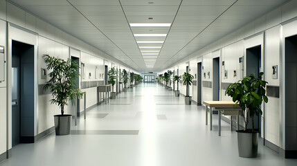 Fototapeta premium Long Hospital Corridor with Plants and Bright Lighting