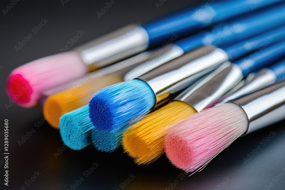 Poster a close-up view of various brushes arranged on a table, ideal for use in interior design, diy projec