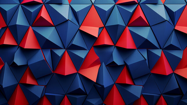 A striking 3D composition featuring sharp, glowing blue triangles set against a bold red background. The triangles appear to float or intersect at various angles, creating a sense of depth and dimensi