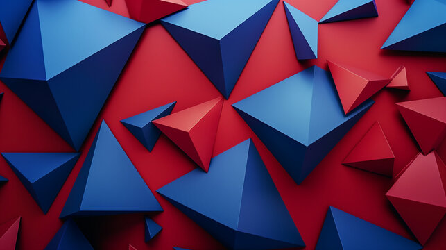 A striking 3D composition featuring sharp, glowing blue triangles set against a bold red background. The triangles appear to float or intersect at various angles, creating a sense of depth and dimensi