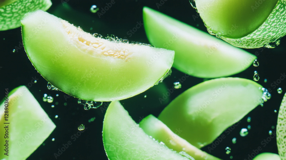 Poster vibrant background of floating honeydew melon slices with water droplets