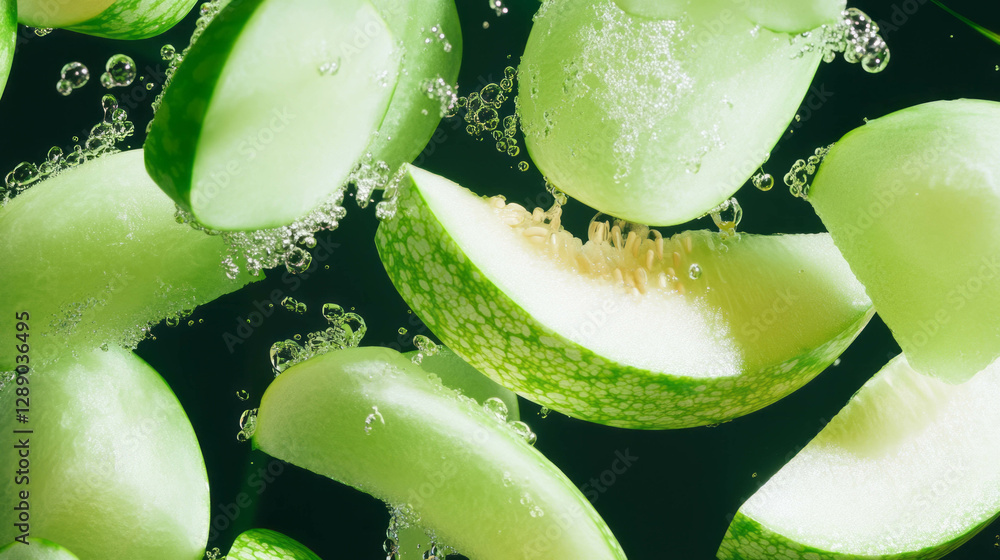 Poster Refreshing summer vibes with floating honeydew melon slices and bubbles