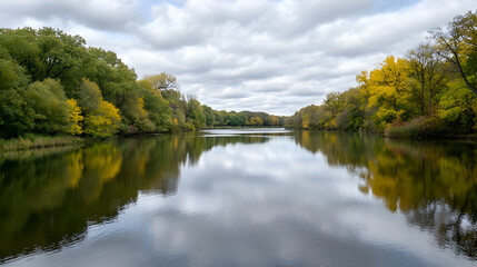 Fototapeta premium Autumn Lake Reflection: Serene Landscape with Yellow and Green Trees