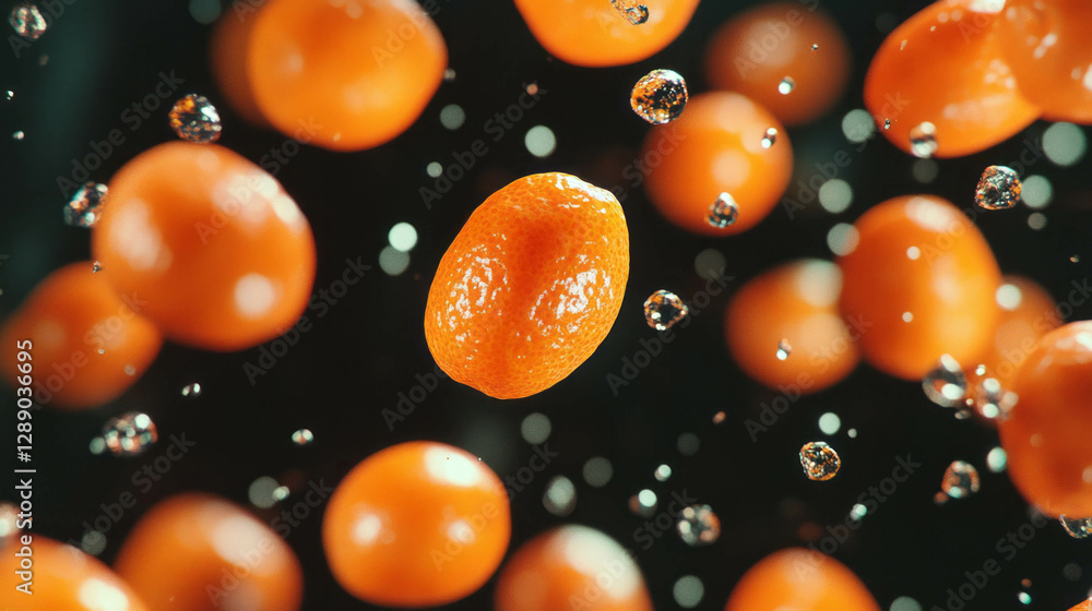 Poster vibrant floating kumquats on black background for modern design projects
