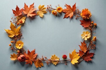 Fototapeta premium Autumnal Wreath of Maple Leaves and Blossoms Forming a Frame for Seasonal Designs
