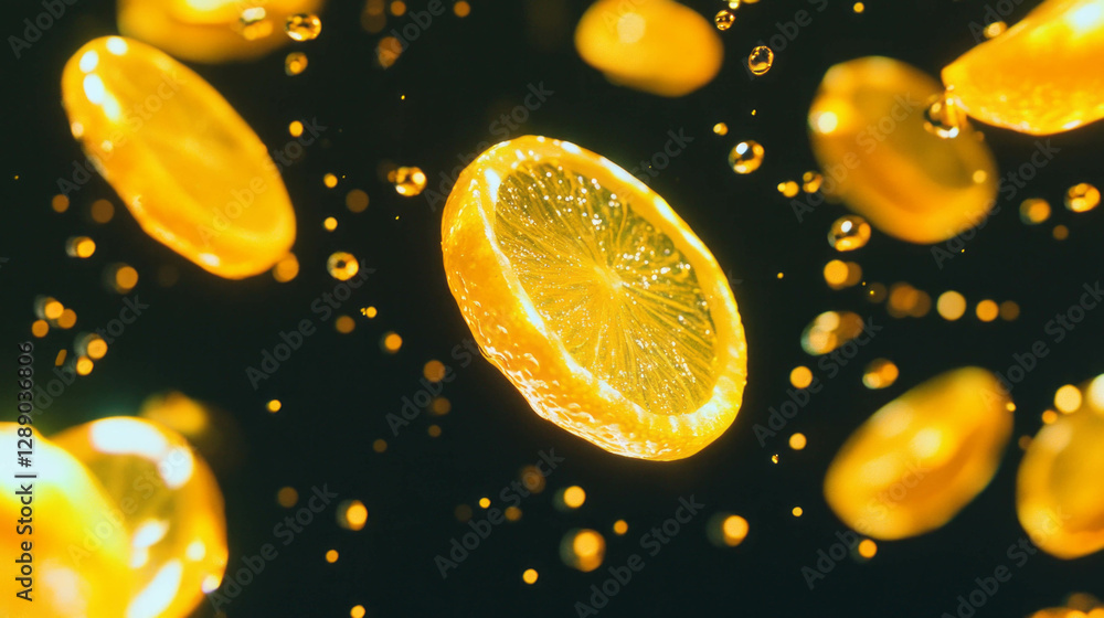 Poster vibrant background of floating lemon slices with bright yellow accents for summer refreshment design