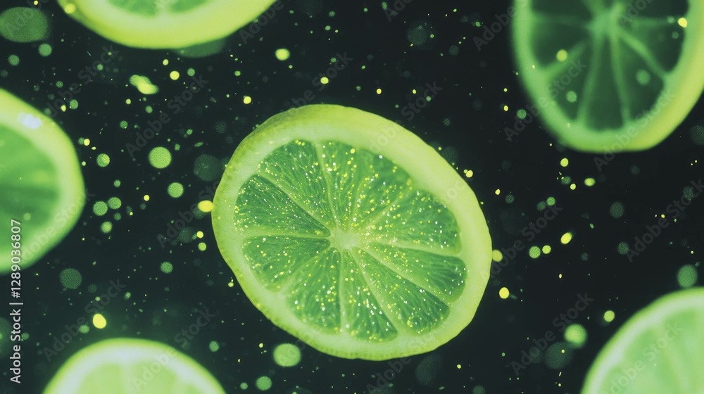 Poster Vibrant citrus delight with floating lemon slices on dark background for refreshing design