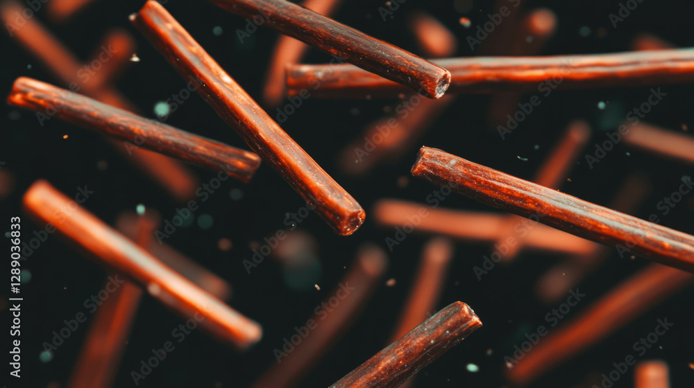 Poster floating licorice sticks on a dark background for confectionery design