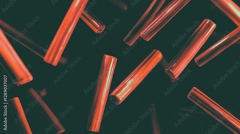 Poster Dynamic background of floating red licorice sticks on dark surface for modern design