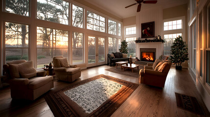 Cozy Living Room with Sunset View and Christmas Decor