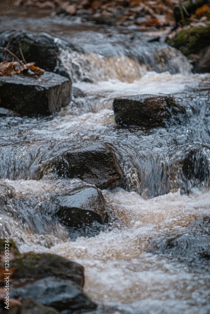 Poster A serene stream flows through a forest surrounded by large rocks