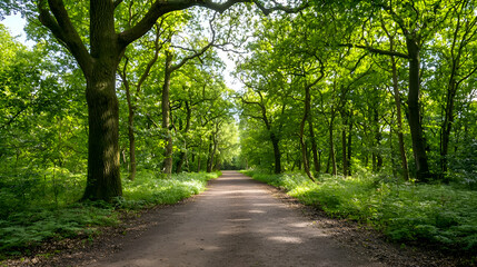 Fototapeta premium Sunlit Path Through Lush Green Forest