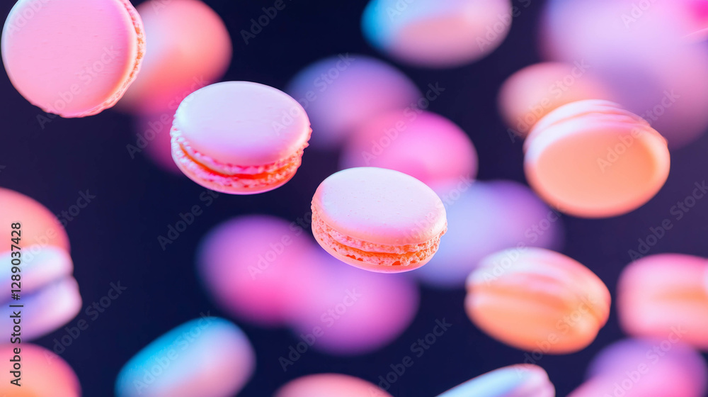 Poster delightful floating macarons in pastel colors for dessert and confectionery background design