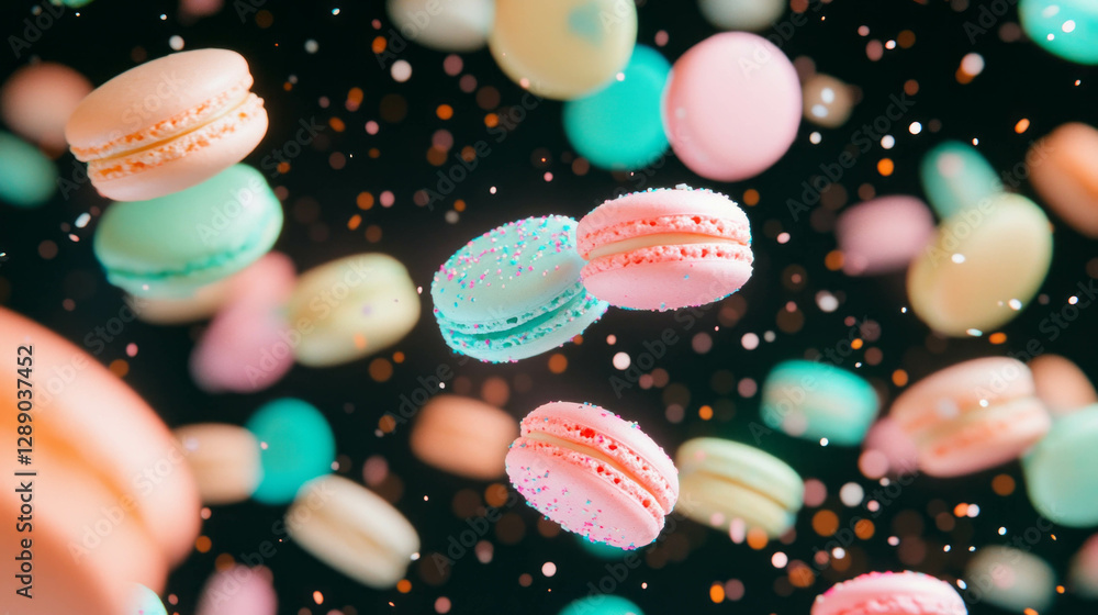 Poster whimsical floating macarons in pastel colors for confectionery design