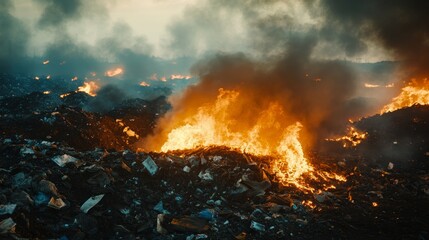 Fire and Smoke at a Burning Waste Dumping Site at Dusk