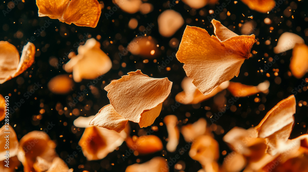 Poster floating nutmeg shavings with ambient light background for culinary design