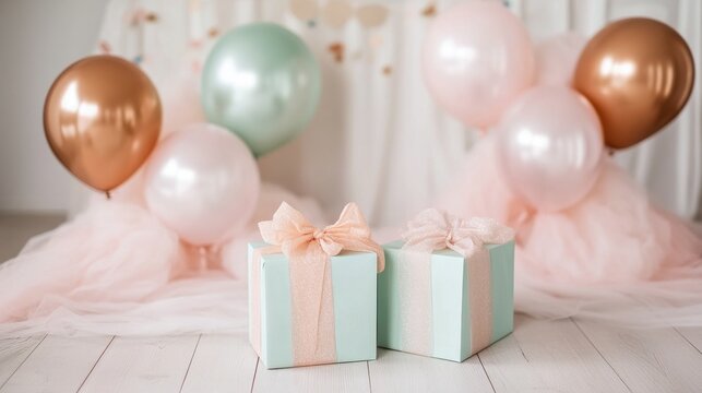 Elegant pastel gifts with balloons on festive background