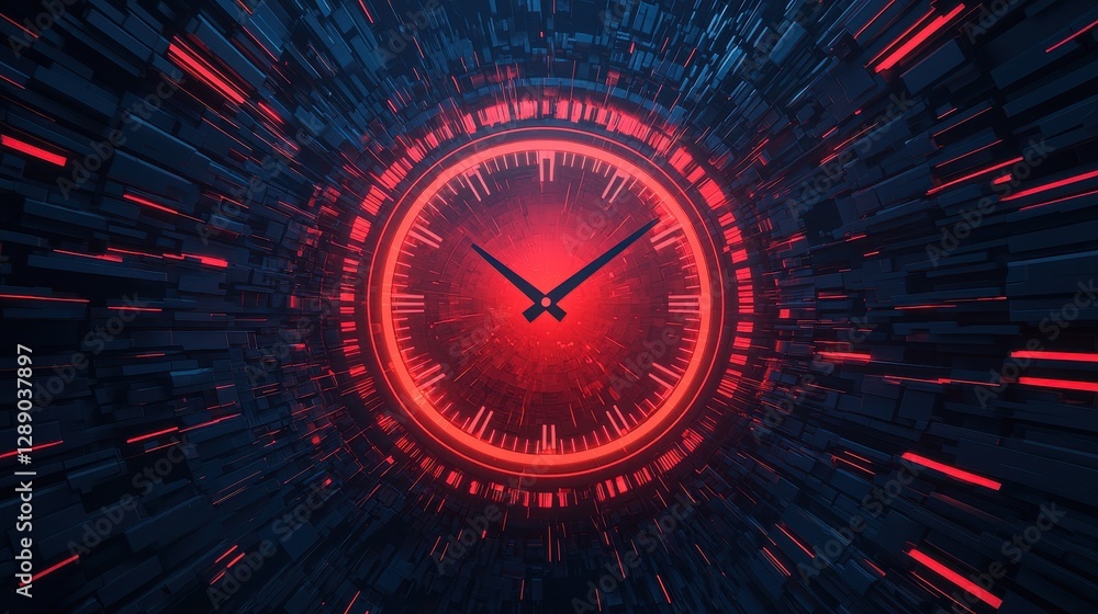 Poster a futuristic clock with a glowing red face and dynamic effects, representing the passage of time and